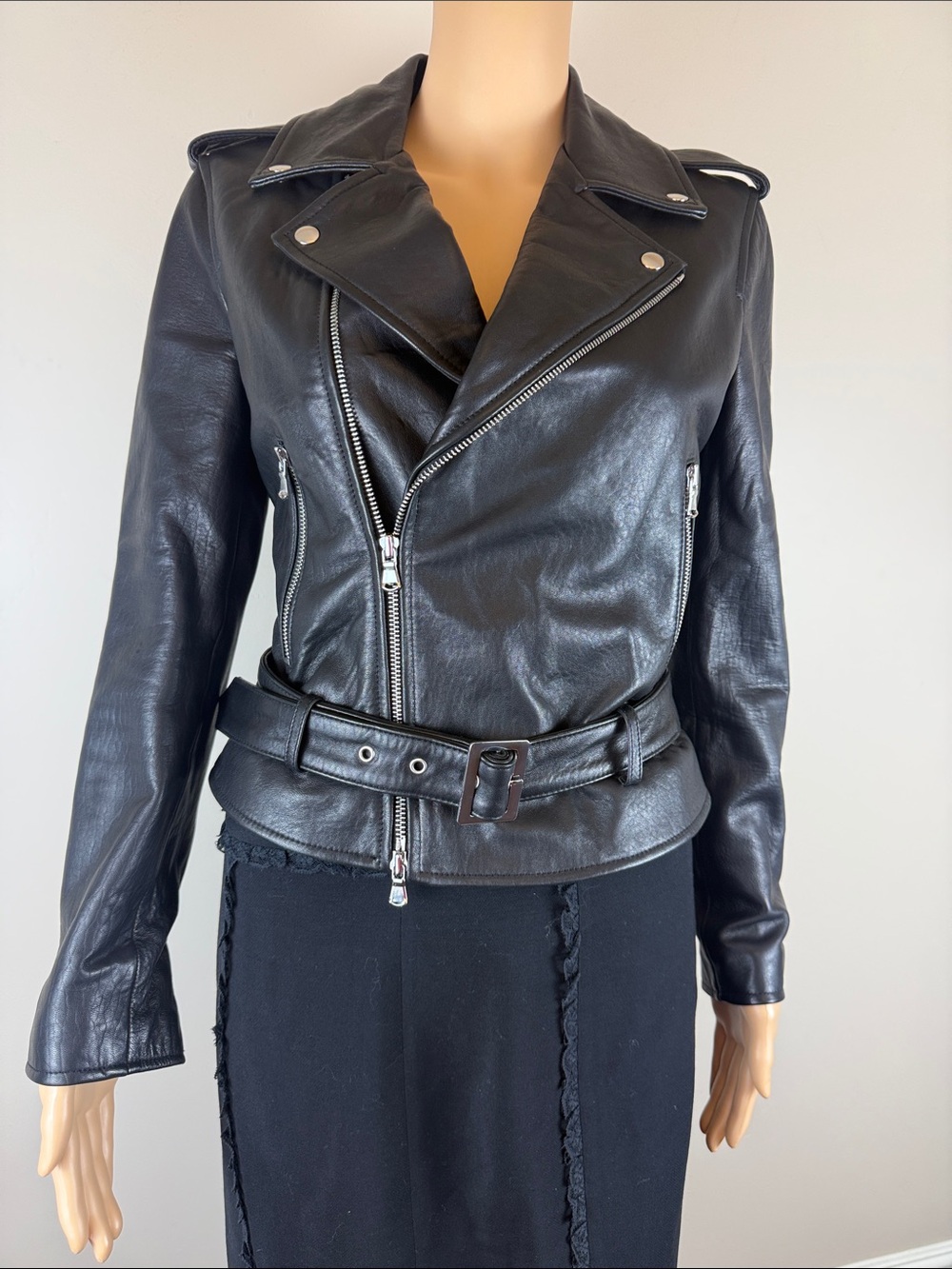 L'Agence Black Belted Lamb Leather Moto Jacket